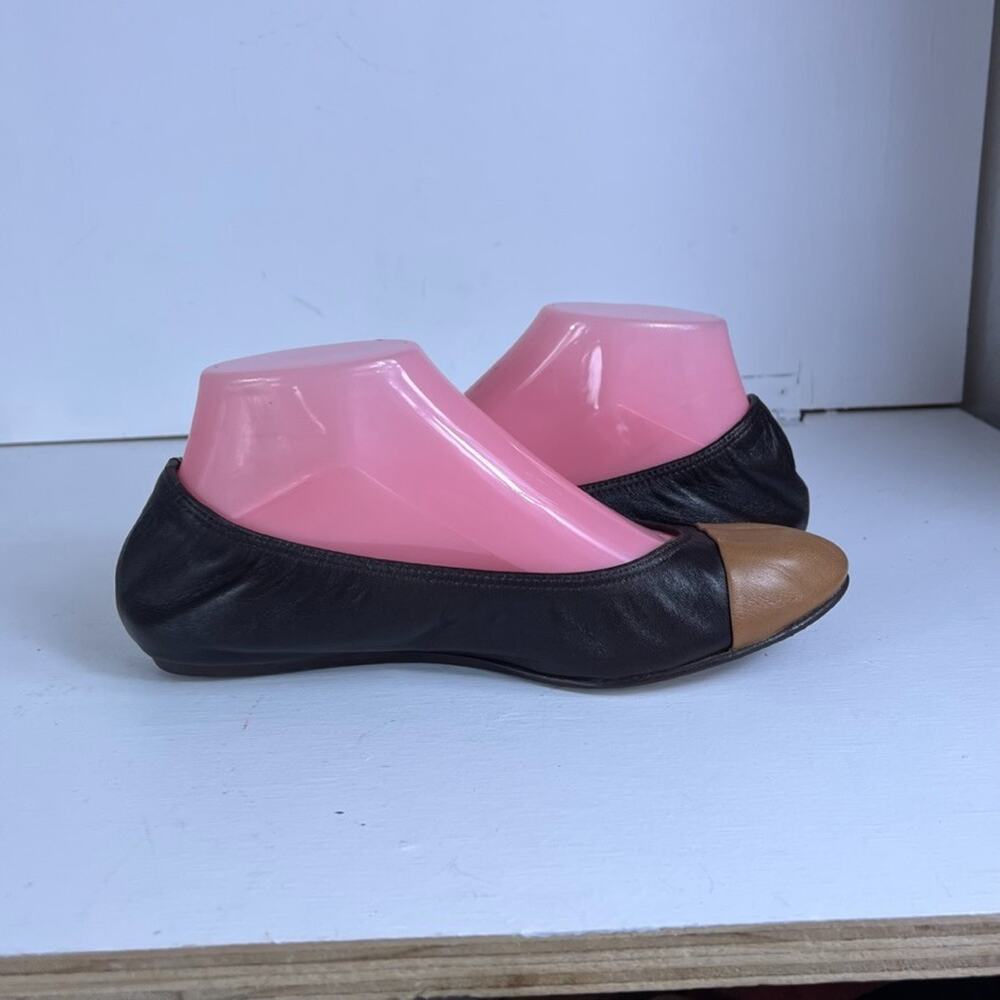 Lanvin Paris Ballet Flats Womens EU 38.5 US 8 Leather Black With Brown Cap Toe